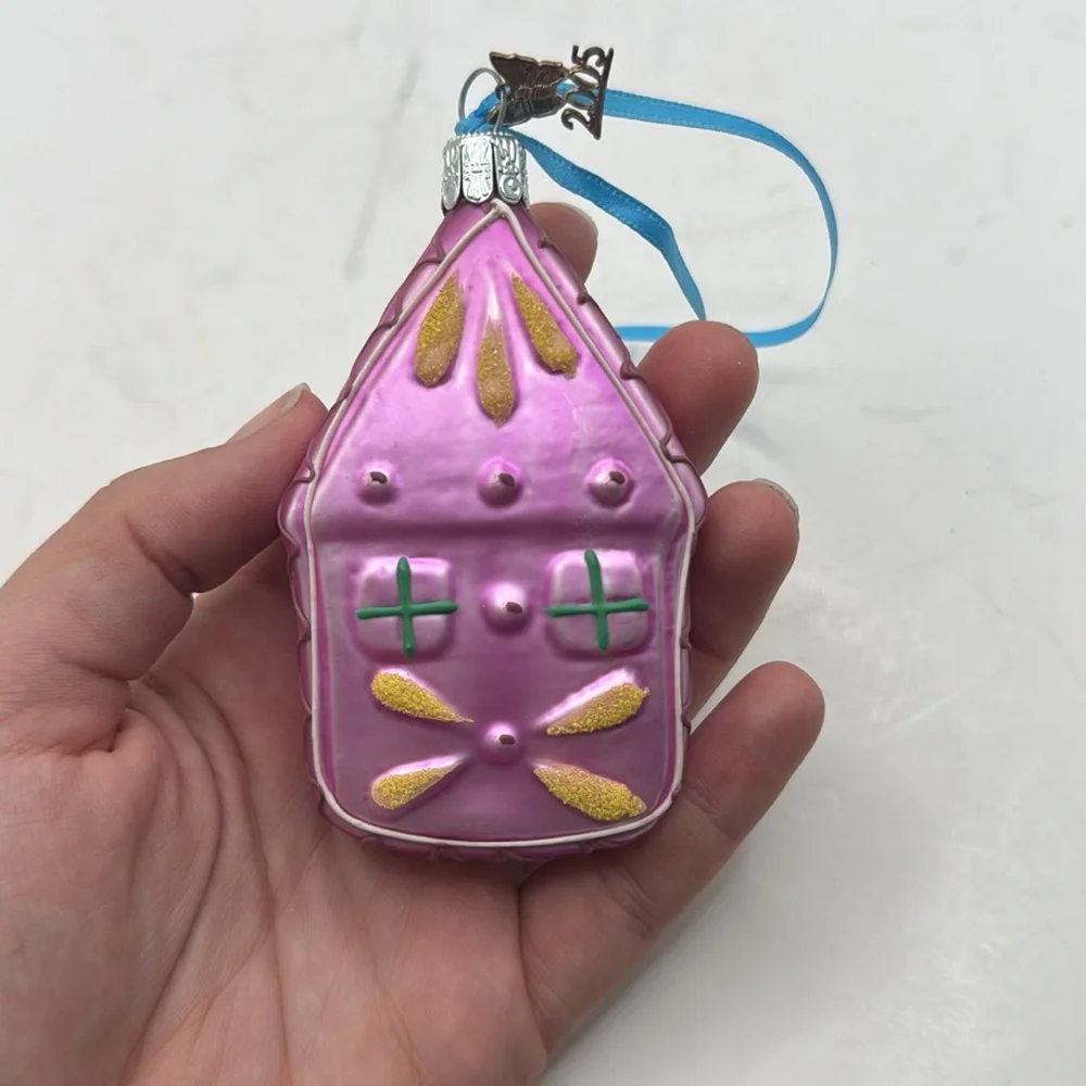 Pier 1 Mini House Pink Handpainted Glass Christmas Ornament Collectible Decor
